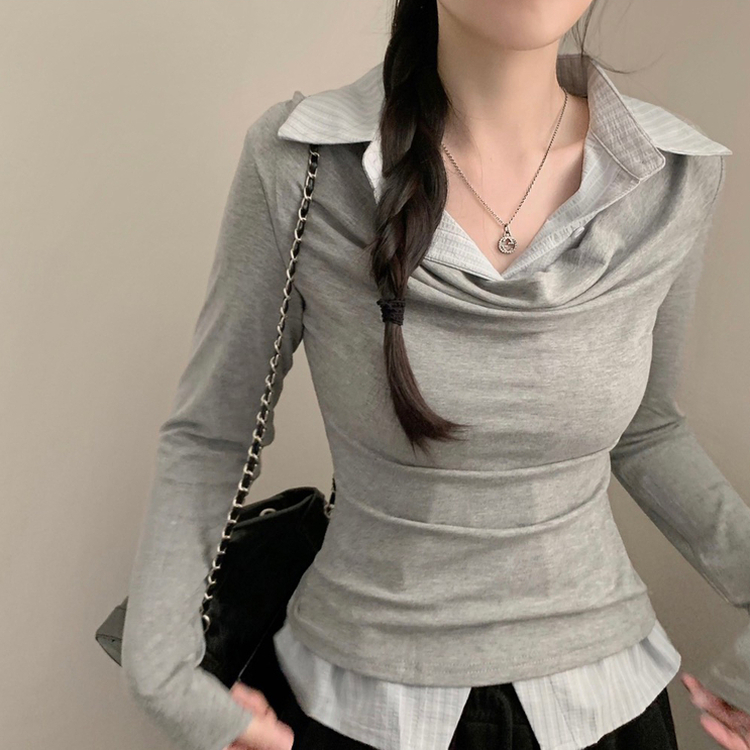 셔츠 레이어드 입술넥 셔링 긴팔티 긴팔 롱슬리브 그레이
