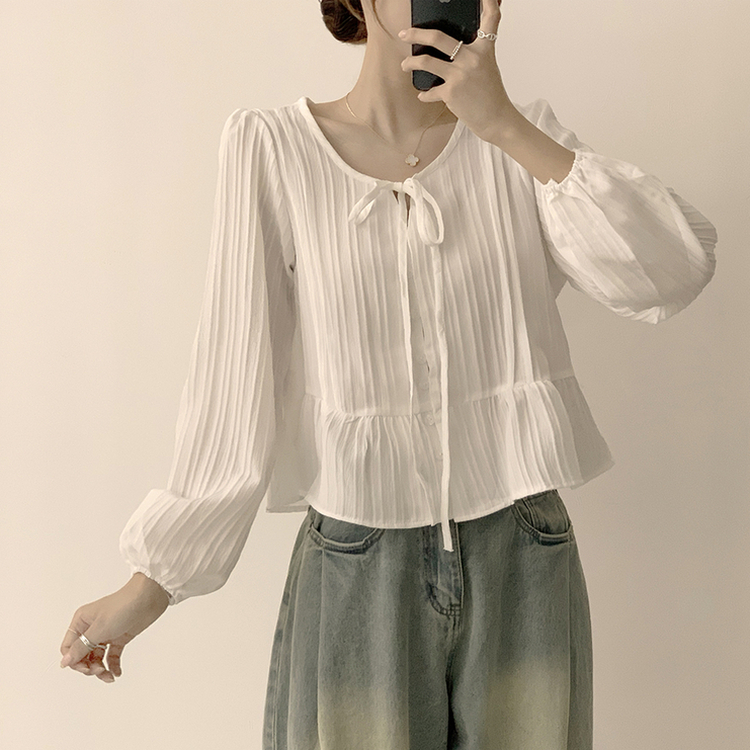 군살 커버로 말라보이는 츄잉 라운드 리본 스트링 긴팔 프릴 어깨 퍼프 가을 긴팔 블라우스 여름 상의 셔츠 아이보리