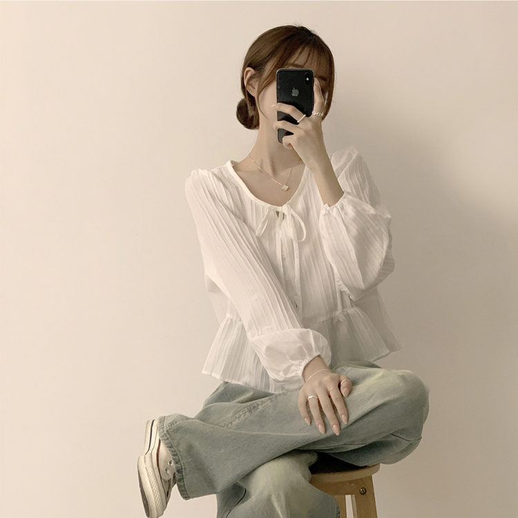 군살 커버로 말라보이는 츄잉 라운드 리본 스트링 긴팔 프릴 어깨 퍼프 가을 긴팔 블라우스 여름 상의 셔츠 아이보리