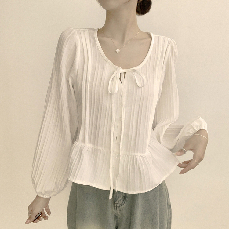 군살 커버로 말라보이는 츄잉 라운드 리본 스트링 긴팔 프릴 어깨 퍼프 가을 긴팔 블라우스 여름 상의 셔츠 아이보리