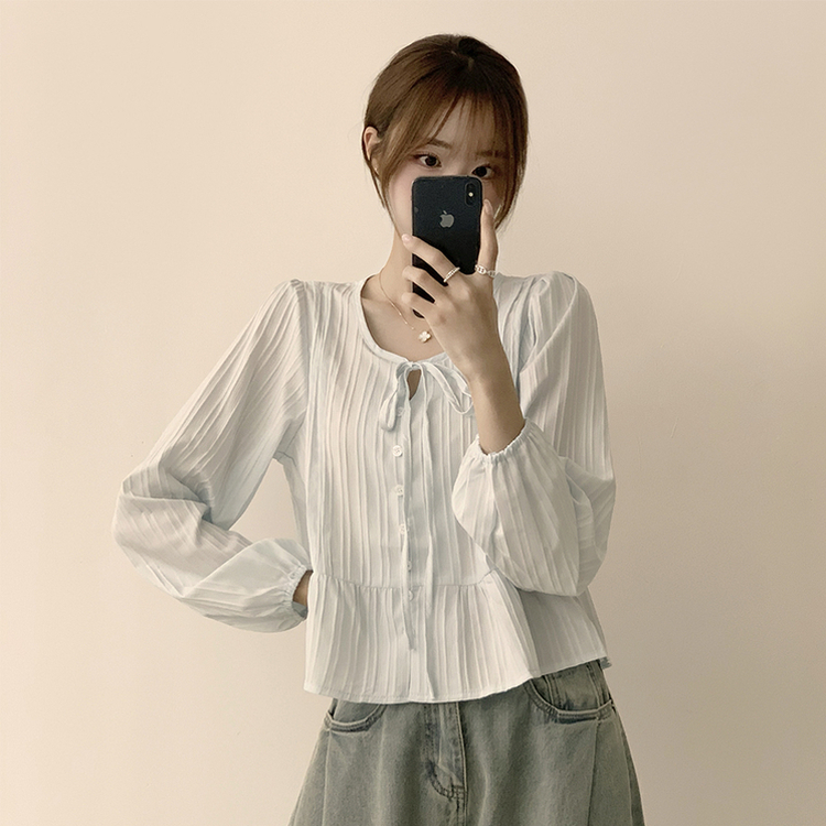 군살 커버로 말라보이는 츄잉 라운드 리본 스트링 긴팔 프릴 어깨 퍼프 가을 긴팔 블라우스 여름 상의 셔츠 소라