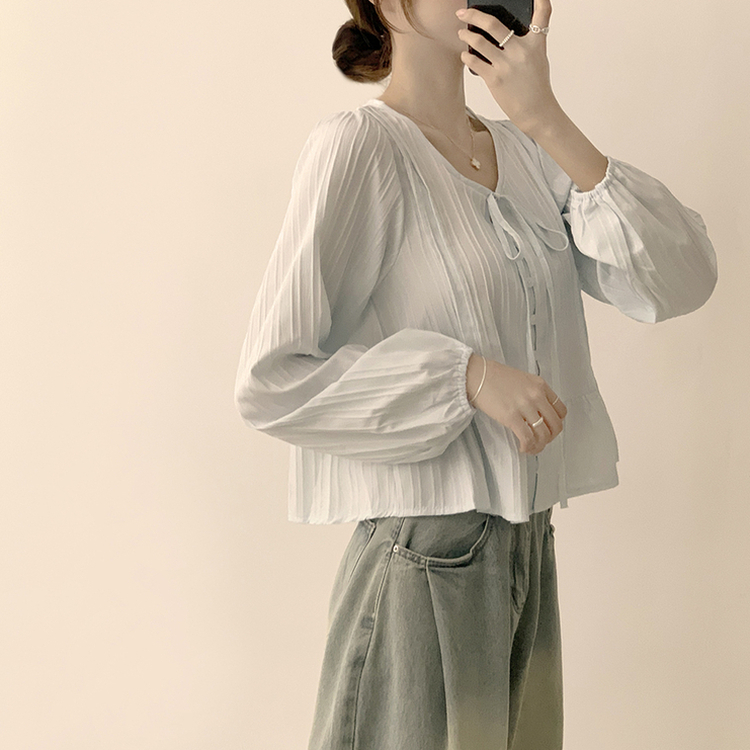 군살 커버로 말라보이는 츄잉 라운드 리본 스트링 긴팔 프릴 어깨 퍼프 가을 긴팔 블라우스 여름 상의 셔츠 소라