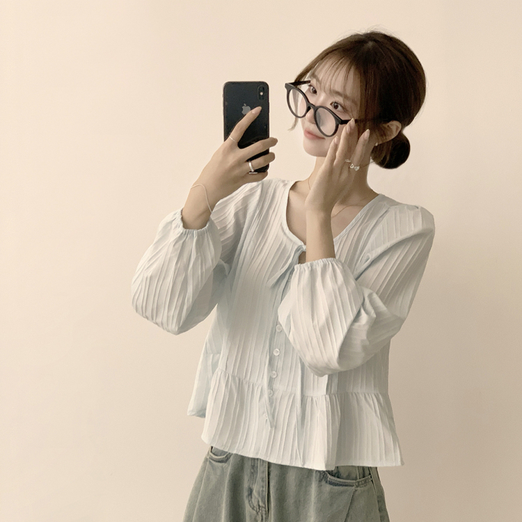 군살 커버로 말라보이는 츄잉 라운드 리본 스트링 긴팔 프릴 어깨 퍼프 가을 긴팔 블라우스 여름 상의 셔츠 소라