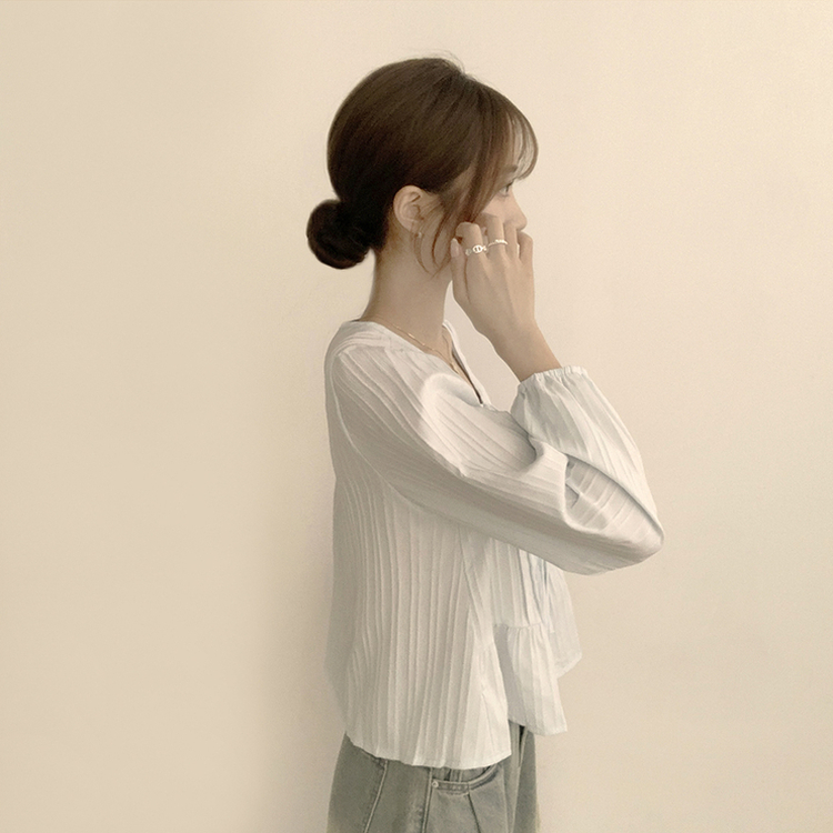 군살 커버로 말라보이는 츄잉 라운드 리본 스트링 긴팔 프릴 어깨 퍼프 가을 긴팔 블라우스 여름 상의 셔츠 소라