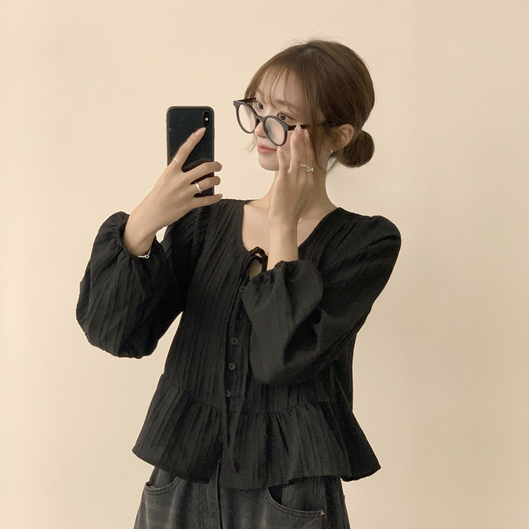 군살 커버로 말라보이는 츄잉 라운드 리본 스트링 긴팔 프릴 어깨 퍼프 가을 긴팔 블라우스 여름 상의 셔츠 블랙