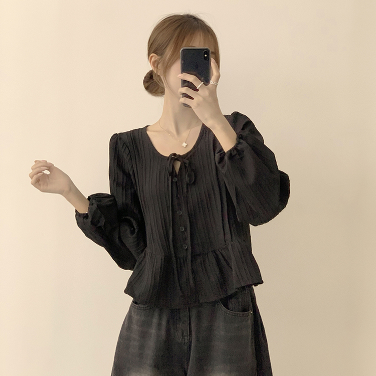 군살 커버로 말라보이는 츄잉 라운드 리본 스트링 긴팔 프릴 어깨 퍼프 가을 긴팔 블라우스 여름 상의 셔츠 블랙