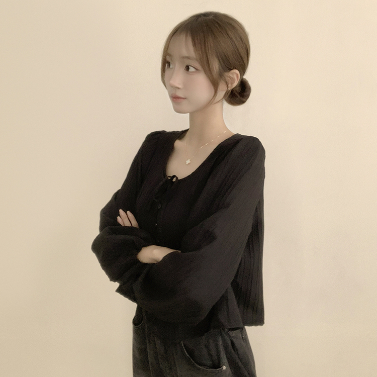 군살 커버로 말라보이는 츄잉 라운드 리본 스트링 긴팔 프릴 어깨 퍼프 가을 긴팔 블라우스 여름 상의 셔츠 블랙