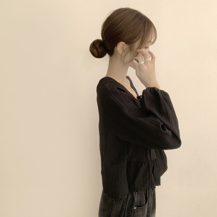 군살 커버로 말라보이는 츄잉 라운드 리본 스트링 긴팔 프릴 어깨 퍼프 가을 긴팔 블라우스 여름 상의 셔츠 블랙