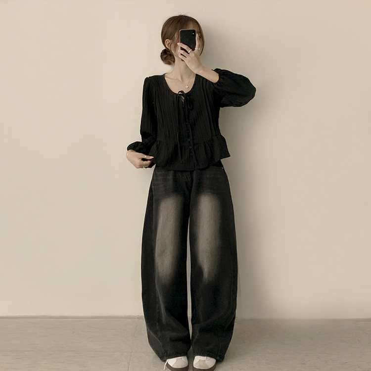 군살 커버로 말라보이는 츄잉 라운드 리본 스트링 긴팔 프릴 어깨 퍼프 가을 긴팔 블라우스 여름 상의 셔츠 블랙
