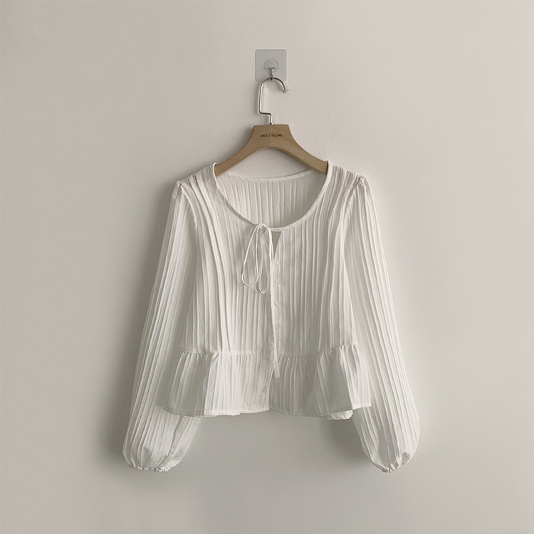 군살 커버로 말라보이는 츄잉 라운드 리본 스트링 긴팔 프릴 어깨 퍼프 가을 긴팔 블라우스 여름 상의 셔츠
