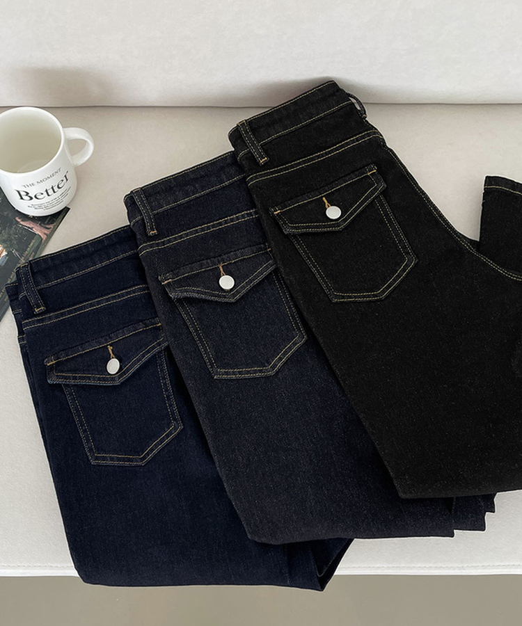 XL생지 쫀쫀 스판 백포켓 포인트 세미 부츠컷 데님 팬츠