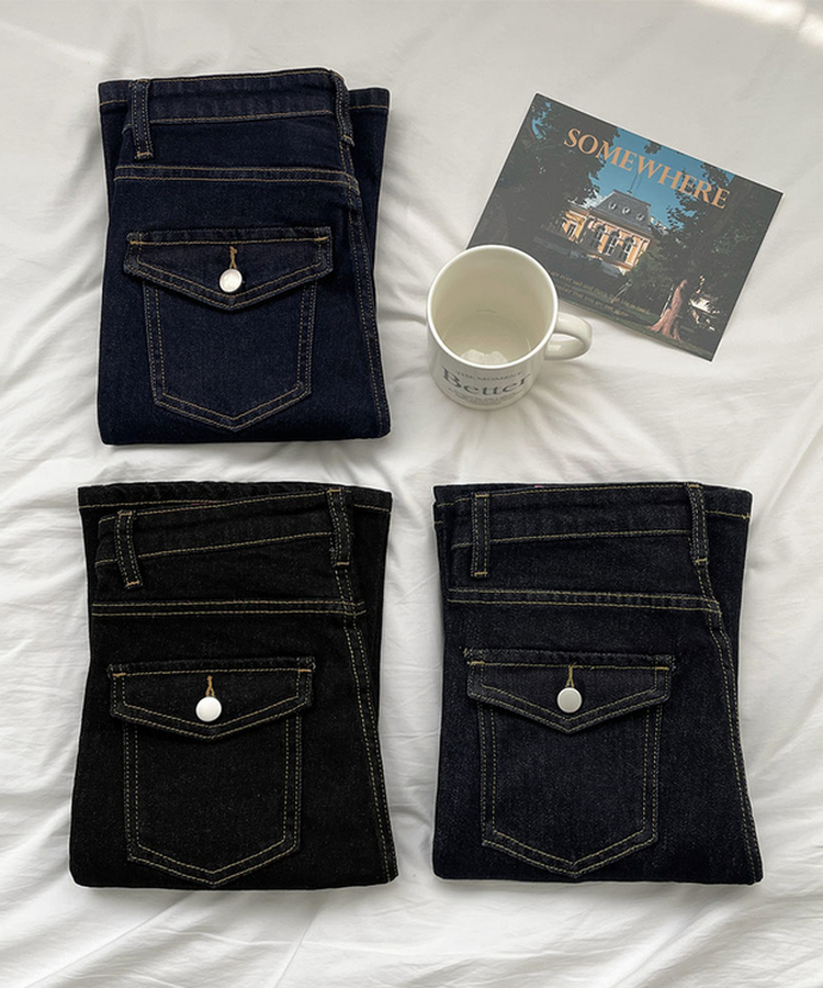 XL생지 쫀쫀 스판 백포켓 포인트 세미 부츠컷 데님 팬츠