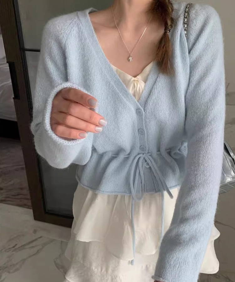 ニットプリーツリボンカーディガン SKY BLUE