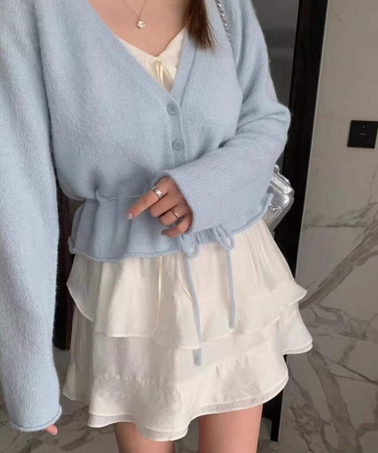 ニットプリーツリボンカーディガン SKY BLUE