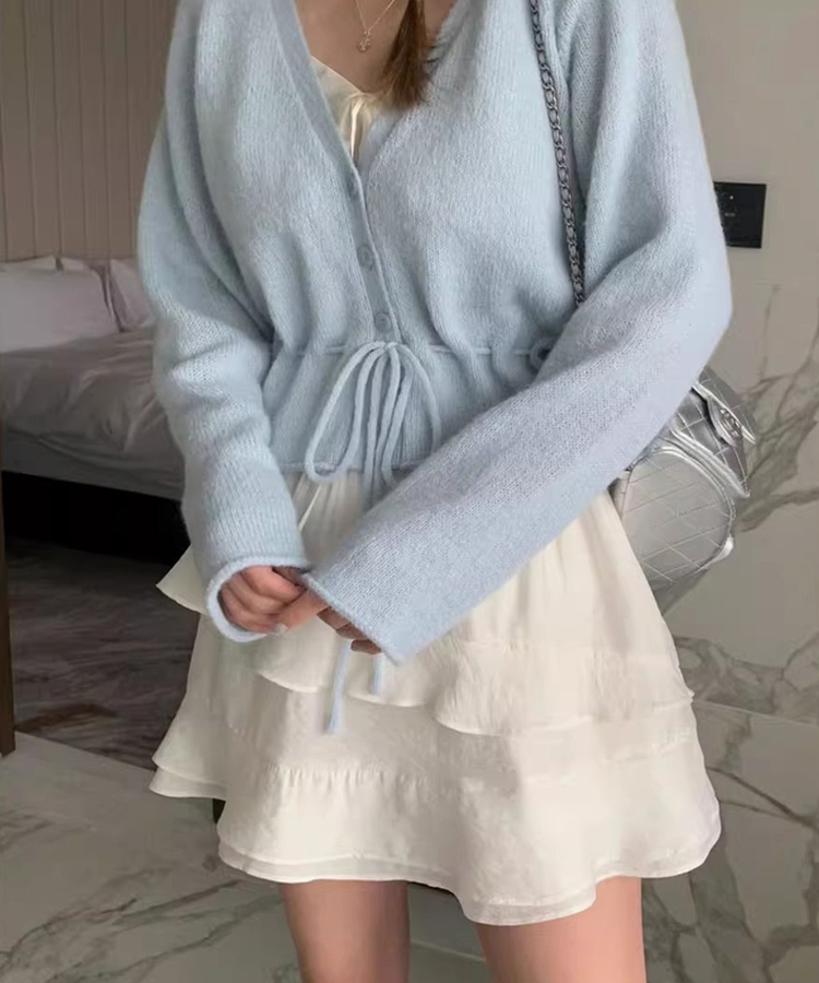 ニットプリーツリボンカーディガン SKY BLUE