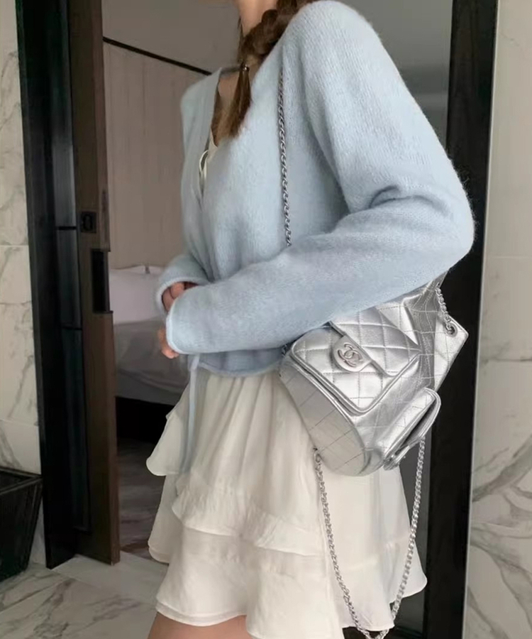 ニットプリーツリボンカーディガン SKY BLUE