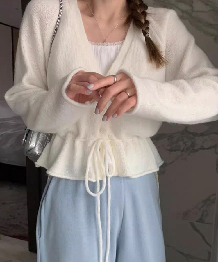 ニットプリーツリボンカーディガン IVORY