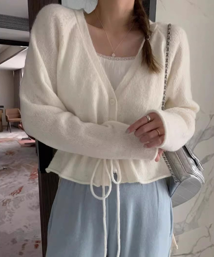 ニットプリーツリボンカーディガン IVORY