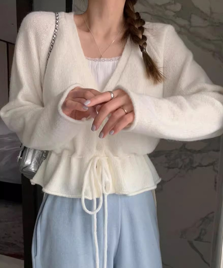 ニットプリーツリボンカーディガン IVORY