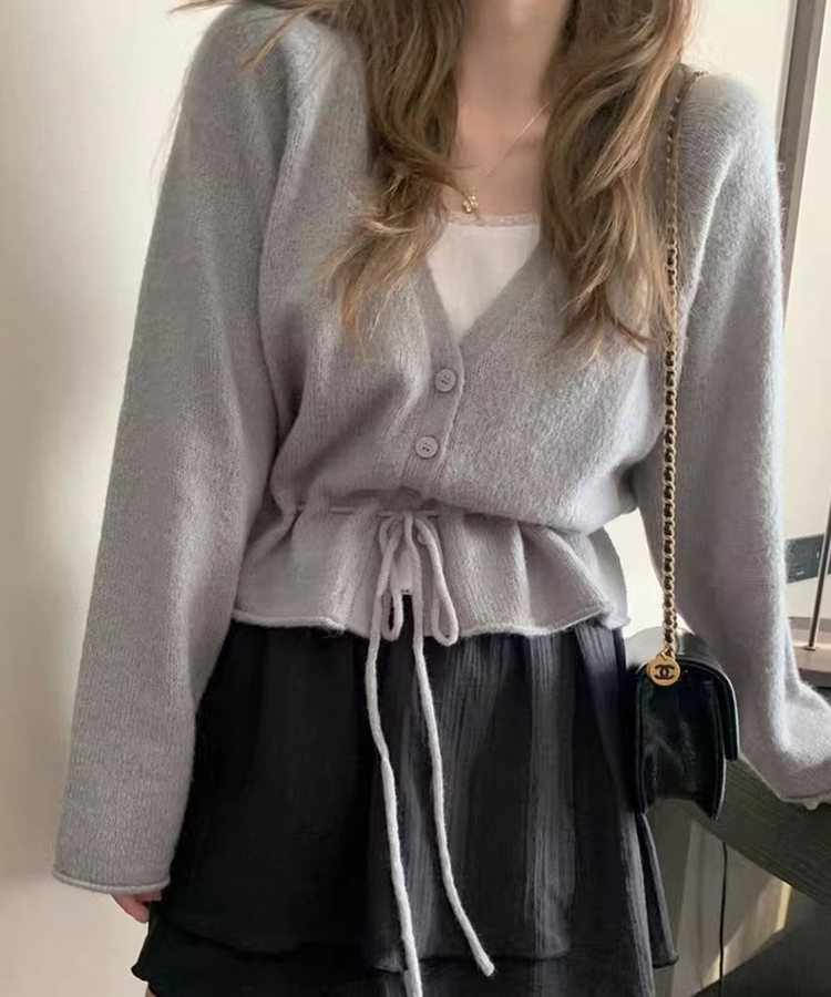ニットプリーツリボンカーディガン GREY
