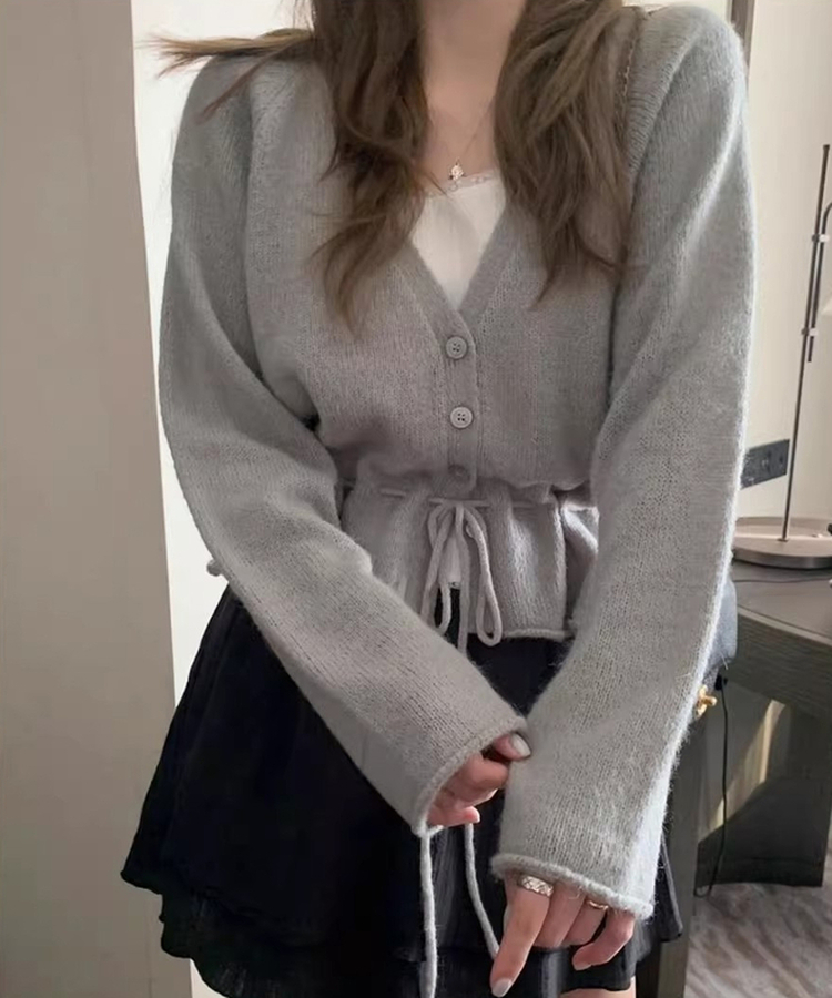 ニットプリーツリボンカーディガン GREY