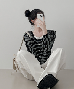 ストライプニットカーディガン BLACK