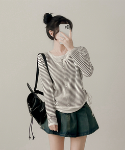 ストライプニットカーディガン WHITE