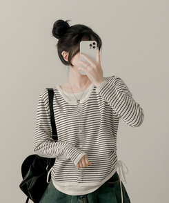 ストライプニットカーディガン WHITE