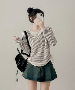 ストライプニットカーディガン WHITE