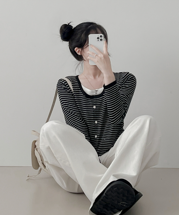 ストライプニットカーディガン BLACK