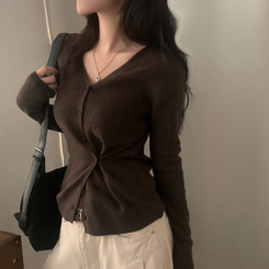 몰리 버튼 골지 랩 니트가디건 브라운