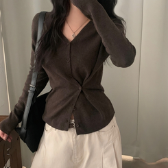 몰리 버튼 골지 랩 니트가디건 브라운