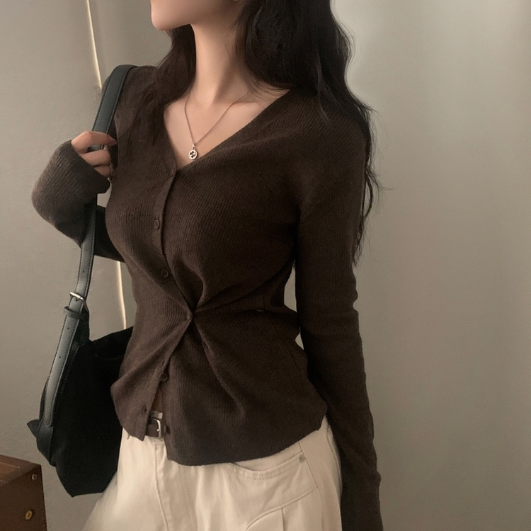 몰리 버튼 골지 랩 니트가디건 브라운