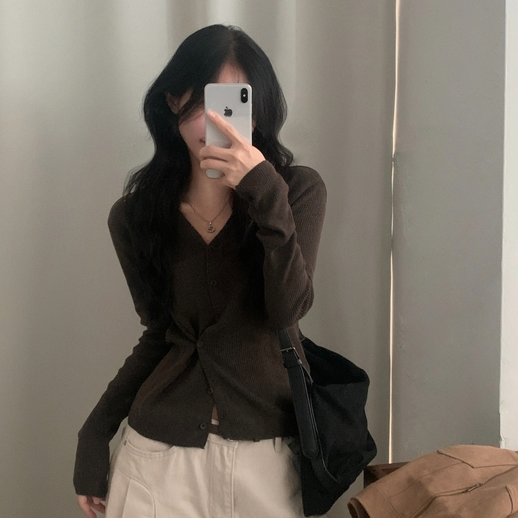 몰리 버튼 골지 랩 니트가디건 브라운