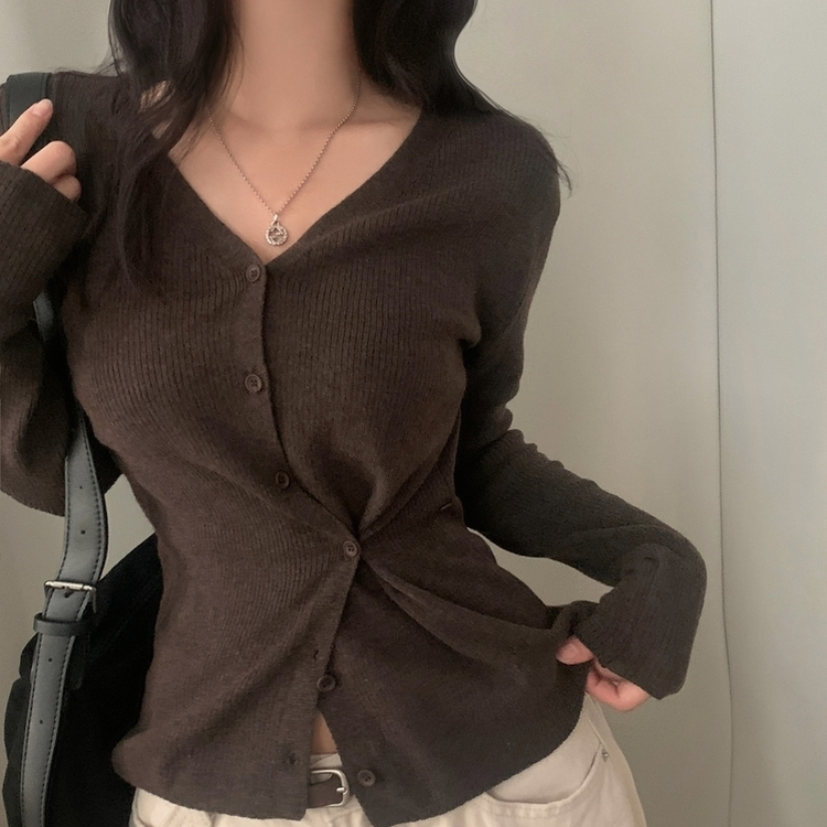 몰리 버튼 골지 랩 니트가디건 브라운