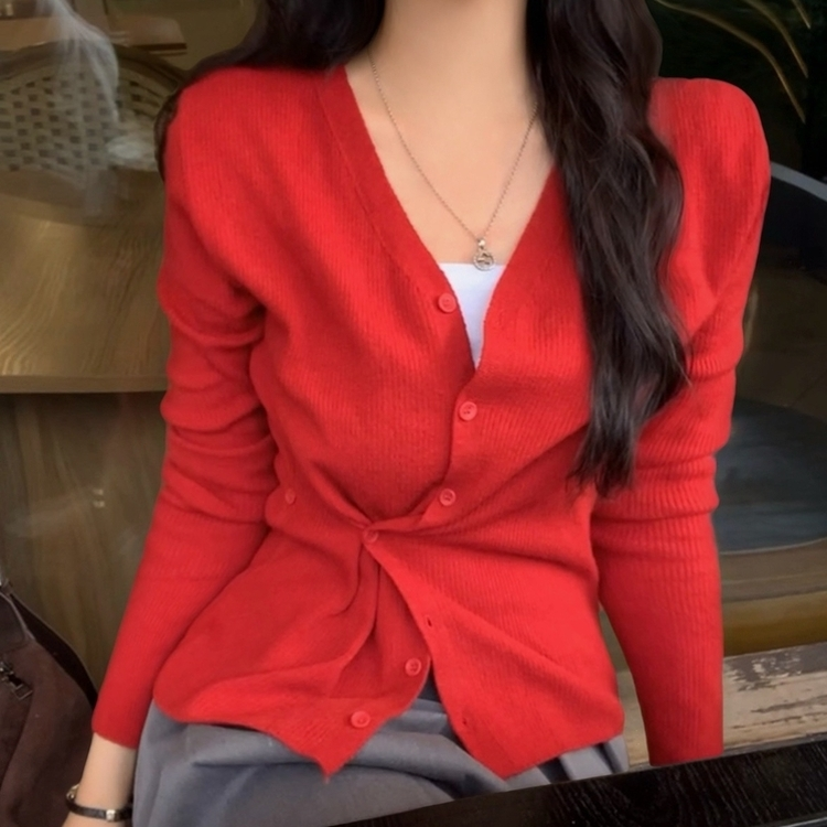 몰리 버튼 골지 랩 니트가디건 레드