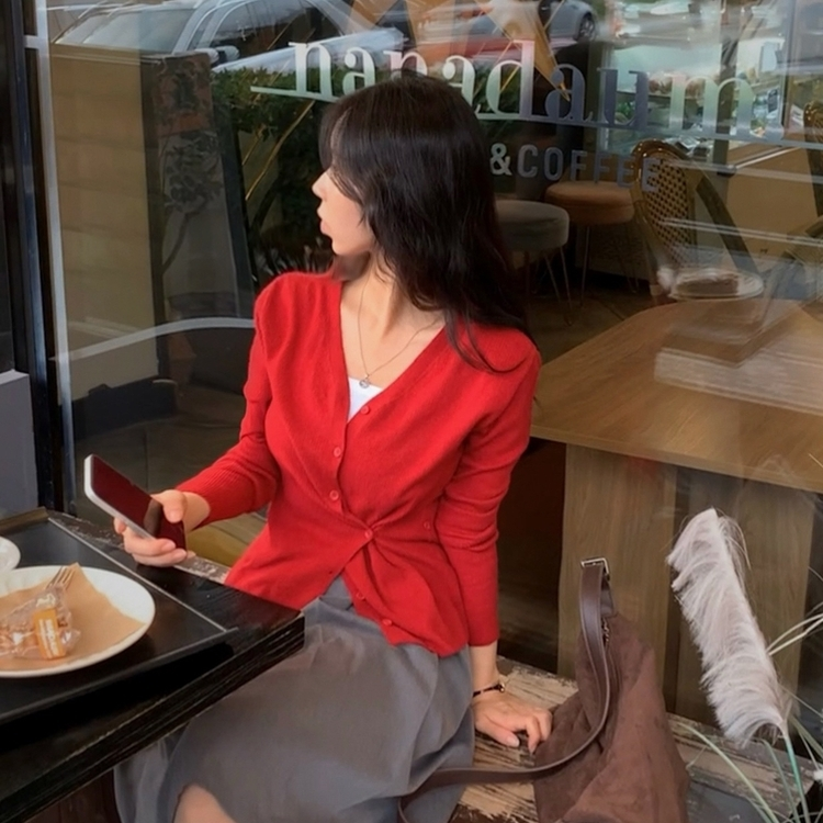 몰리 버튼 골지 랩 니트가디건 레드