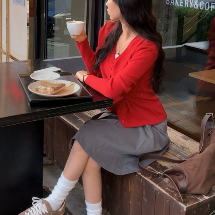 몰리 버튼 골지 랩 니트가디건 레드