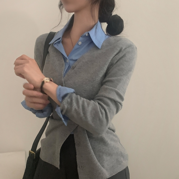 몰리 버튼 골지 랩 니트가디건 그레이