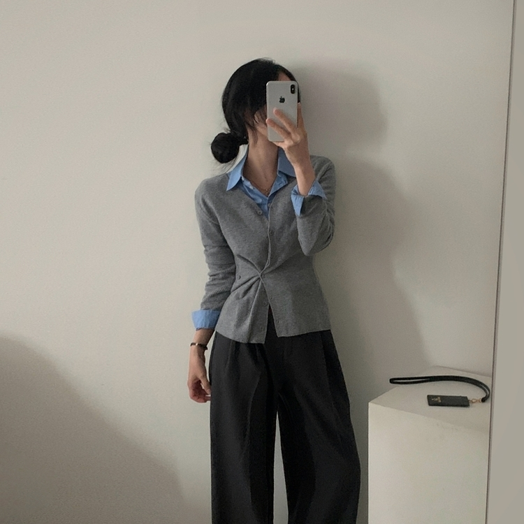 몰리 버튼 골지 랩 니트가디건 그레이