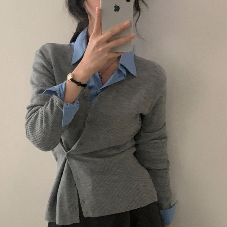 몰리 버튼 골지 랩 니트가디건 그레이