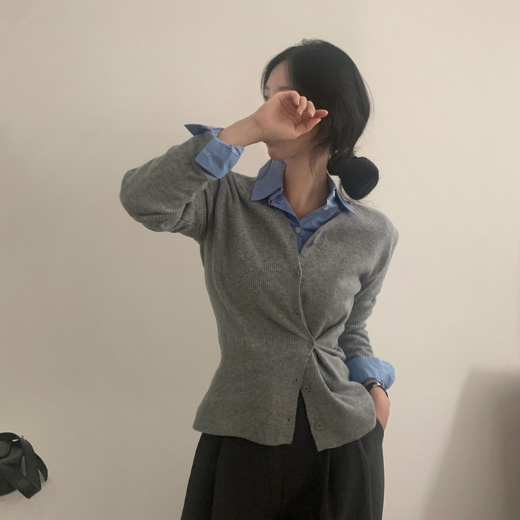 몰리 버튼 골지 랩 니트가디건 그레이