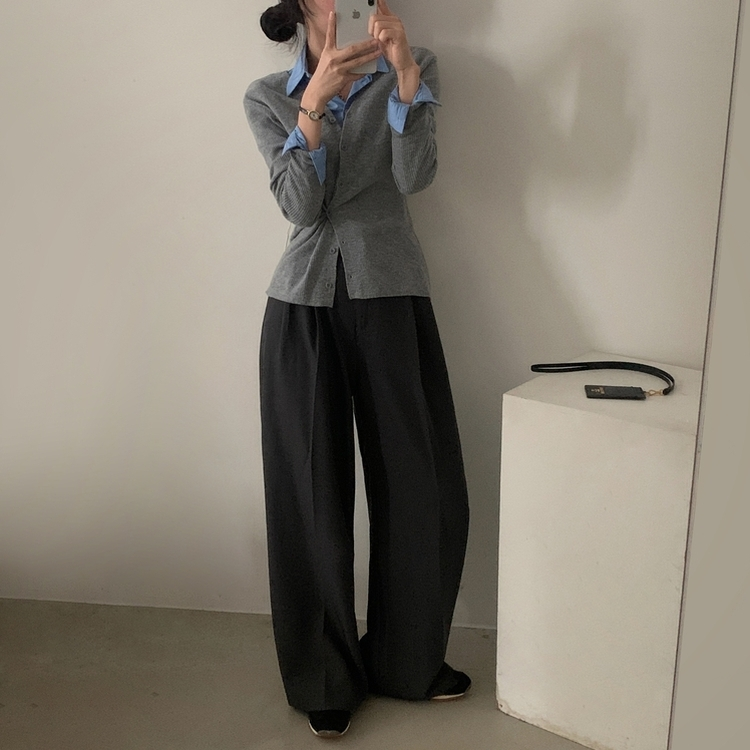 몰리 버튼 골지 랩 니트가디건 그레이