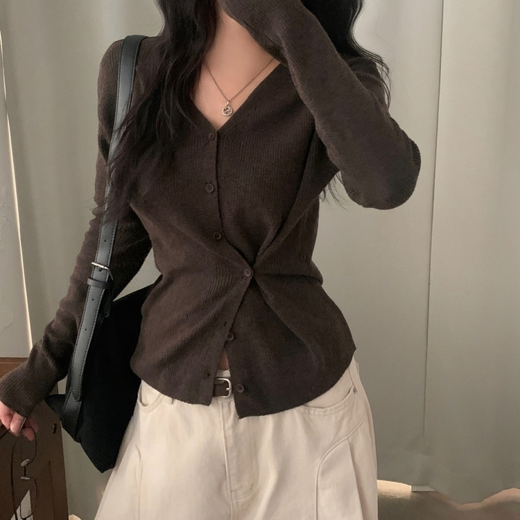 몰리 버튼 골지 랩 니트가디건 브라운