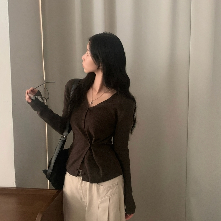 몰리 버튼 골지 랩 니트가디건 브라운