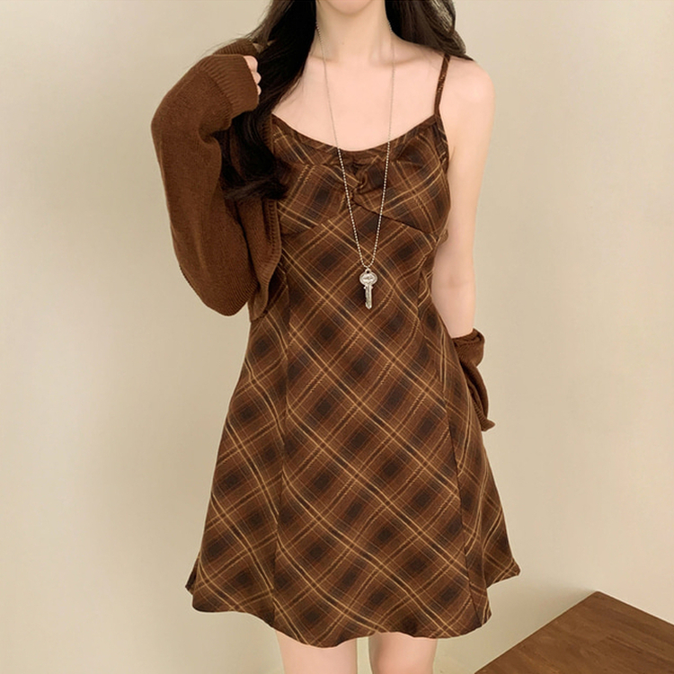 SET】チェックワンピースク カーディガン｜ツーピース｜韓国