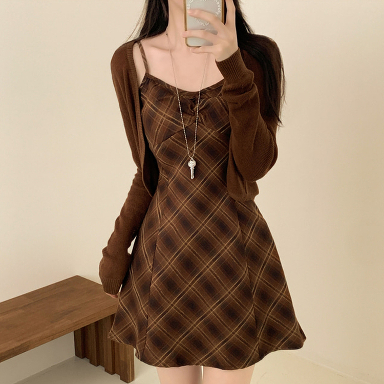 SET】チェックワンピースク カーディガン｜ツーピース｜韓国