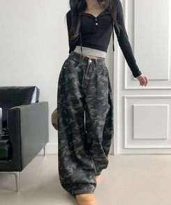 모튼 카모 사이드핀턱 밀리터리 롱 와이드팬츠 그레이