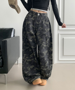 모튼 카모 사이드핀턱 밀리터리 롱 와이드팬츠 그레이