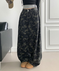 모튼 카모 사이드핀턱 밀리터리 롱 와이드팬츠 그레이